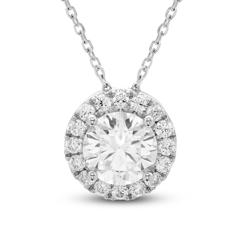 Main Image 1 of Diamond Halo Pendant Necklace 2 ct tw Round 14K White Gold