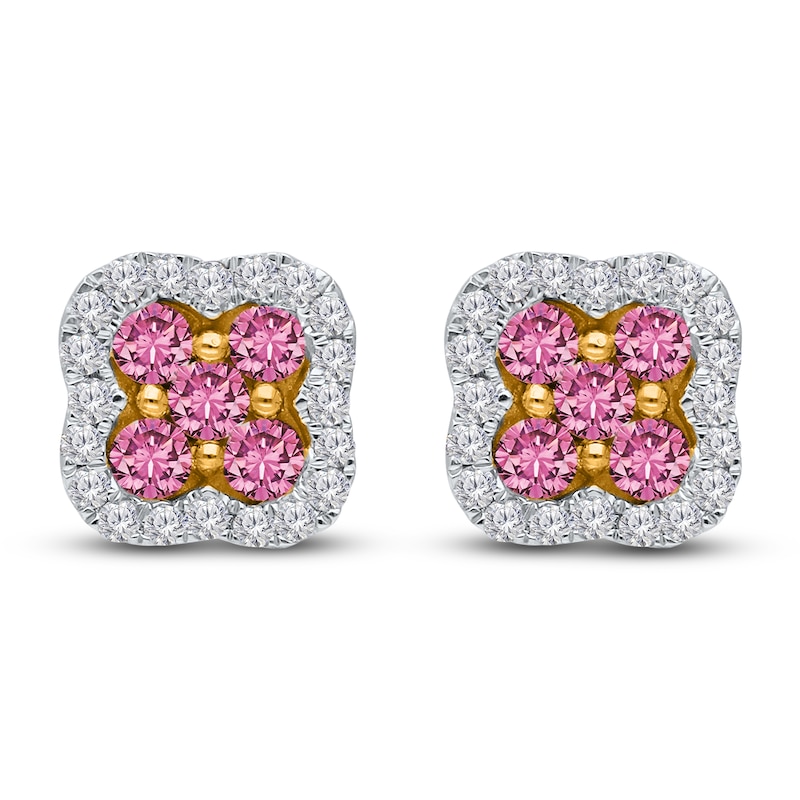 Kallati Round-Cut Natural Pink Sapphire & Diamond Clover Stud Earrings 14K Yellow Gold