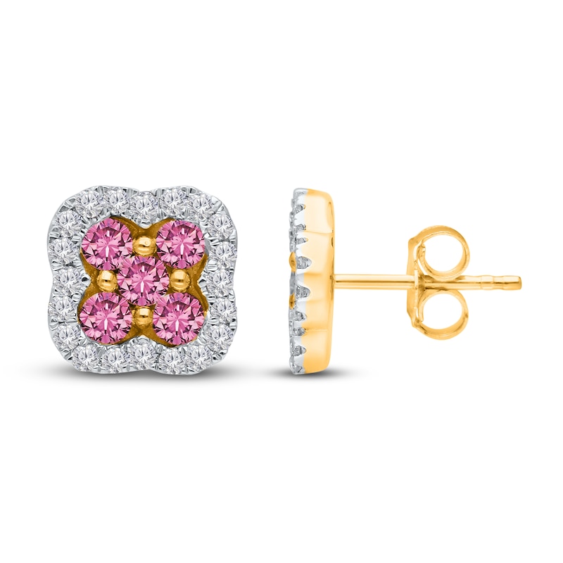 Main Image 2 of Kallati Round-Cut Natural Pink Sapphire & Diamond Clover Stud Earrings 14K Yellow Gold