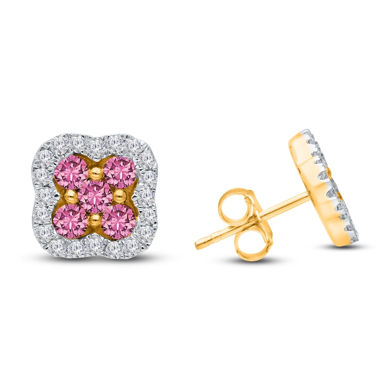 Main Image 3 of Kallati Round-Cut Natural Pink Sapphire & Diamond Clover Stud Earrings 14K Yellow Gold