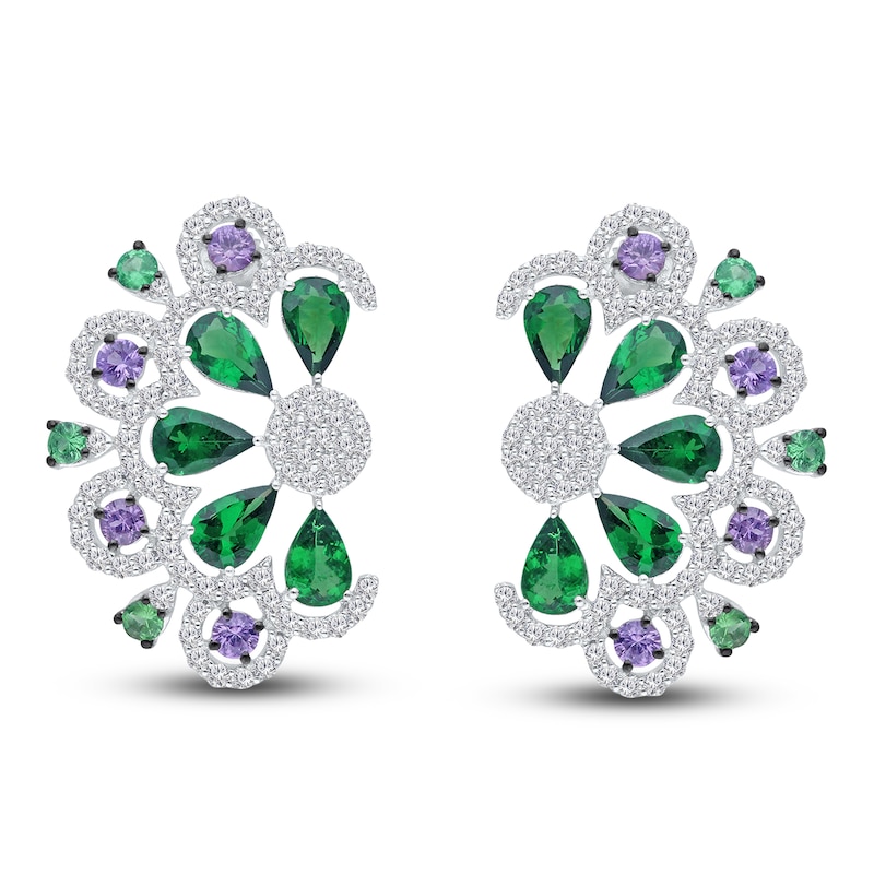 Main Image 1 of Kallati Natural Tsavorite Garnet, Natural Green & Purple Sapphire Earrings 1-1/2 ct tw Diamonds 14K White Gold