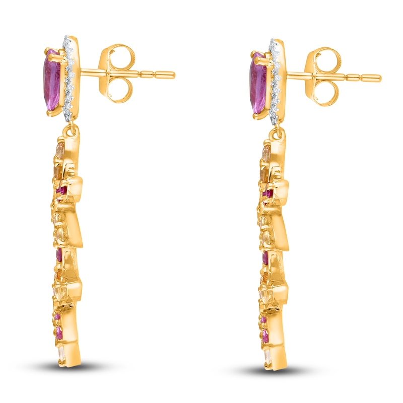 Main Image 2 of Kallati Natural Pink, Purple, Yellow & Orange Sapphire Flower Drop Earrings 1/3 ct tw Diamonds 14K Yellow Gold