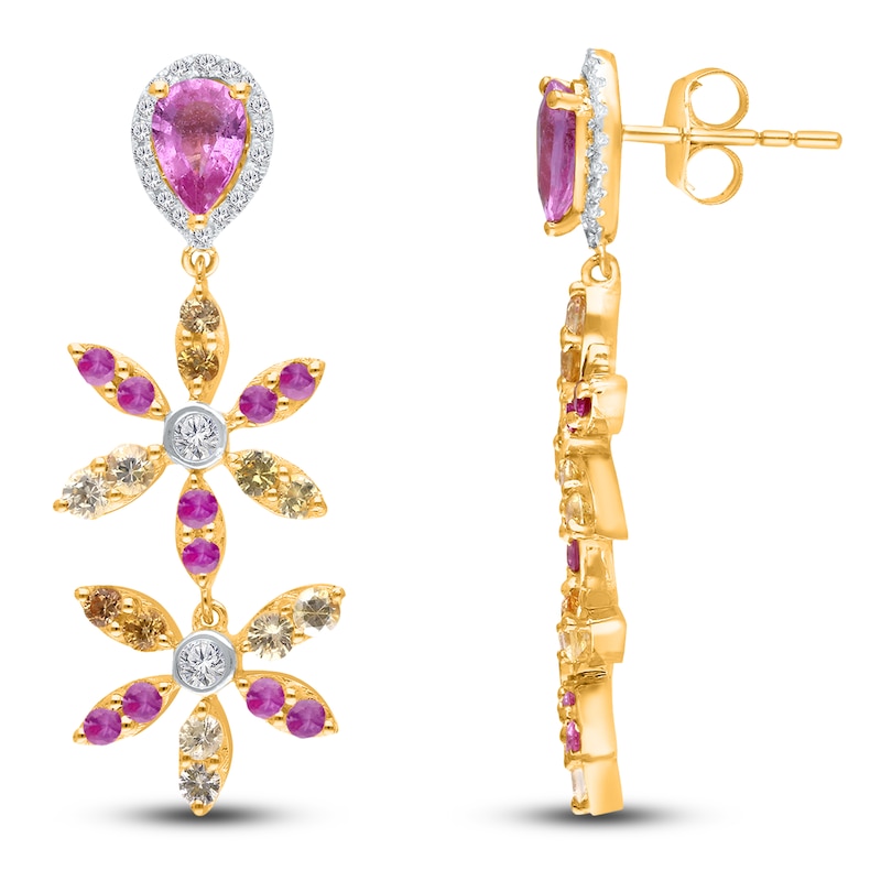 Main Image 3 of Kallati Natural Pink, Purple, Yellow & Orange Sapphire Flower Drop Earrings 1/3 ct tw Diamonds 14K Yellow Gold