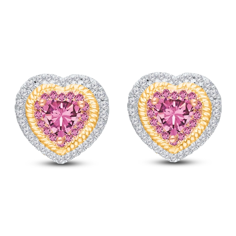 Main Image 1 of Kallati Heart-Shaped Natural Pink Sapphire & Diamond Stud Earrings 1/3 ct tw 14K Yellow Gold