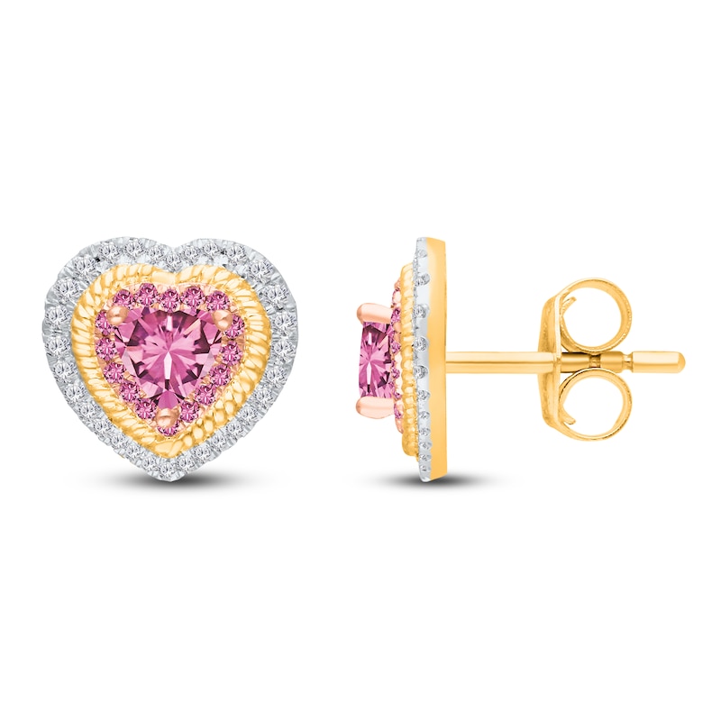 Main Image 2 of Kallati Heart-Shaped Natural Pink Sapphire & Diamond Stud Earrings 1/3 ct tw 14K Yellow Gold
