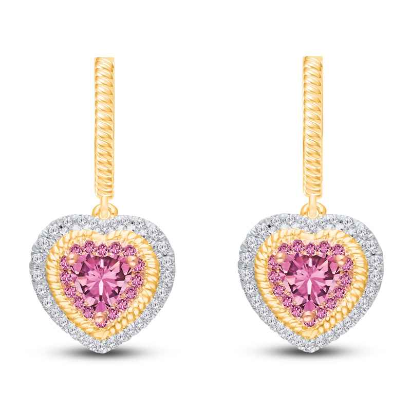 Main Image 1 of Kallati Heart-Shaped Natural Pink Sapphire & Diamond Hoop Dangle Earrings 1/3 ct tw 14K Yellow Gold