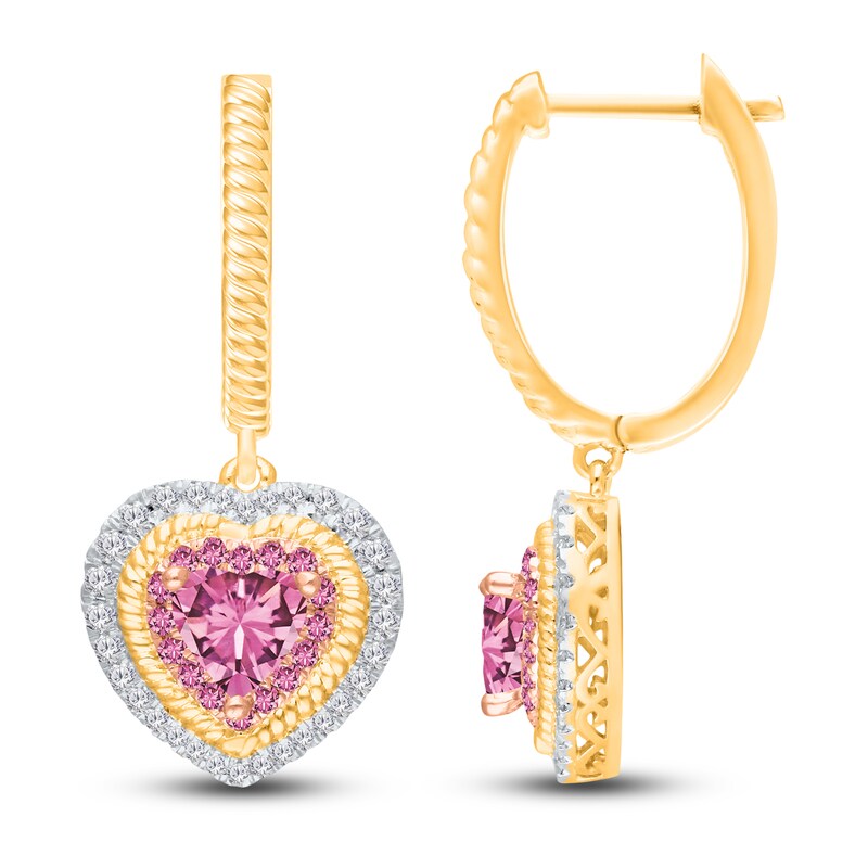 Main Image 2 of Kallati Heart-Shaped Natural Pink Sapphire & Diamond Hoop Dangle Earrings 1/3 ct tw 14K Yellow Gold