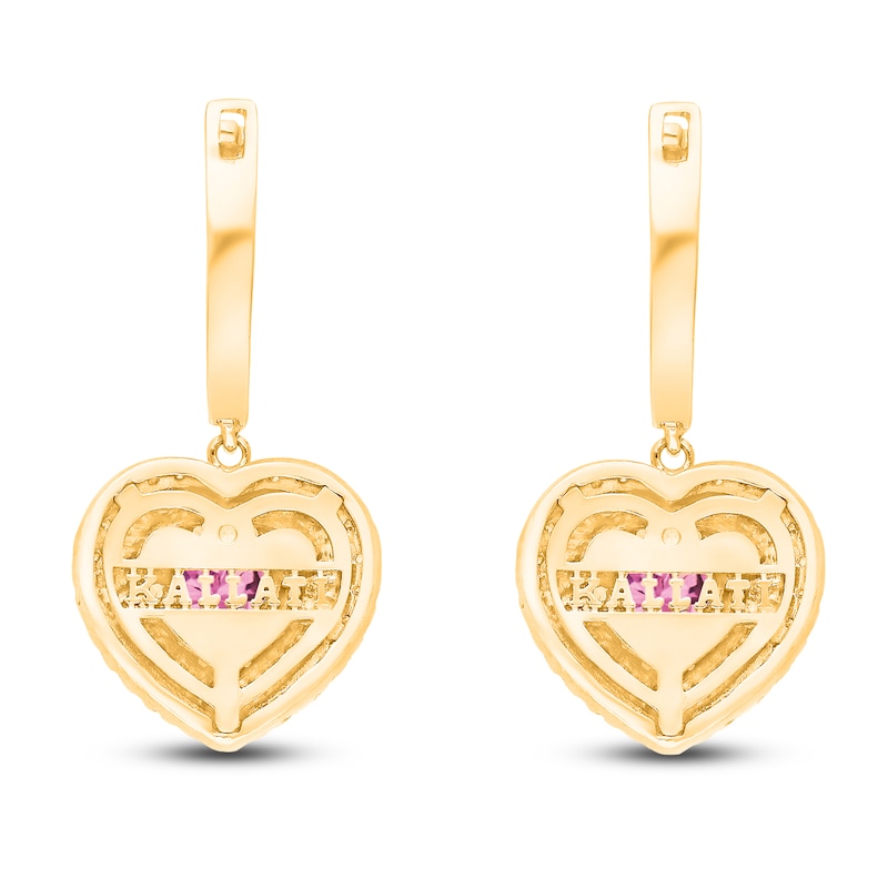 Main Image 3 of Kallati Heart-Shaped Natural Pink Sapphire & Diamond Hoop Dangle Earrings 1/3 ct tw 14K Yellow Gold