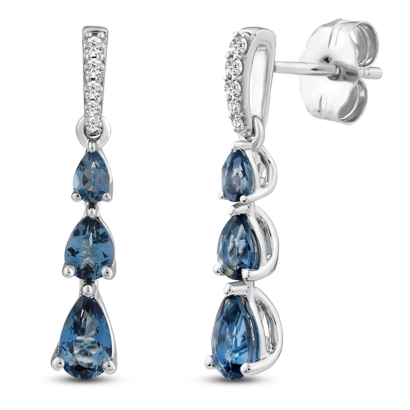 Main Image 1 of Pear-Shaped Natural London Blue Topaz & Diamond Graduated Drop Earrings 1/20 ct tw 10K White Gold