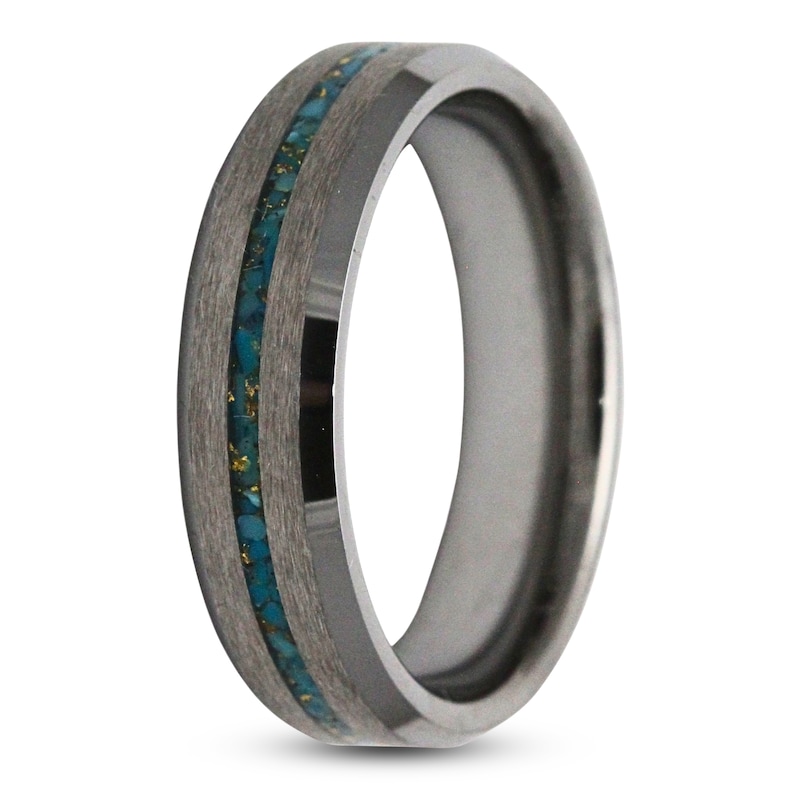 Main Image 2 of Men's Crushed Turquoise & 24K Gold Leaf Wedding Band Tungsten Carbide 6mm