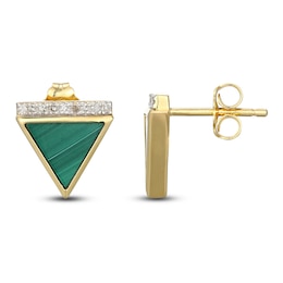 Triangle-Cut Natural Malachite & Diamond Stud Earrings 1/15 ct tw 14K Yellow Gold