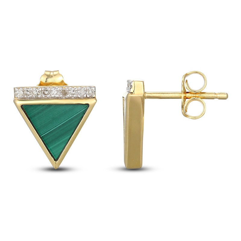 Main Image 1 of Triangle-Cut Natural Malachite & Diamond Stud Earrings 1/15 ct tw 14K Yellow Gold