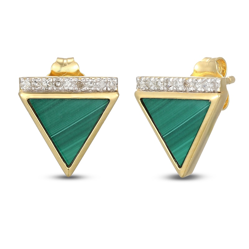 Main Image 2 of Triangle-Cut Natural Malachite & Diamond Stud Earrings 1/15 ct tw 14K Yellow Gold