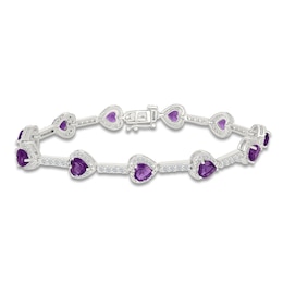 Heart-Shaped Natural Amethyst & White Lab-Created Sapphire Station Bracelet Sterling Silver 7.25"