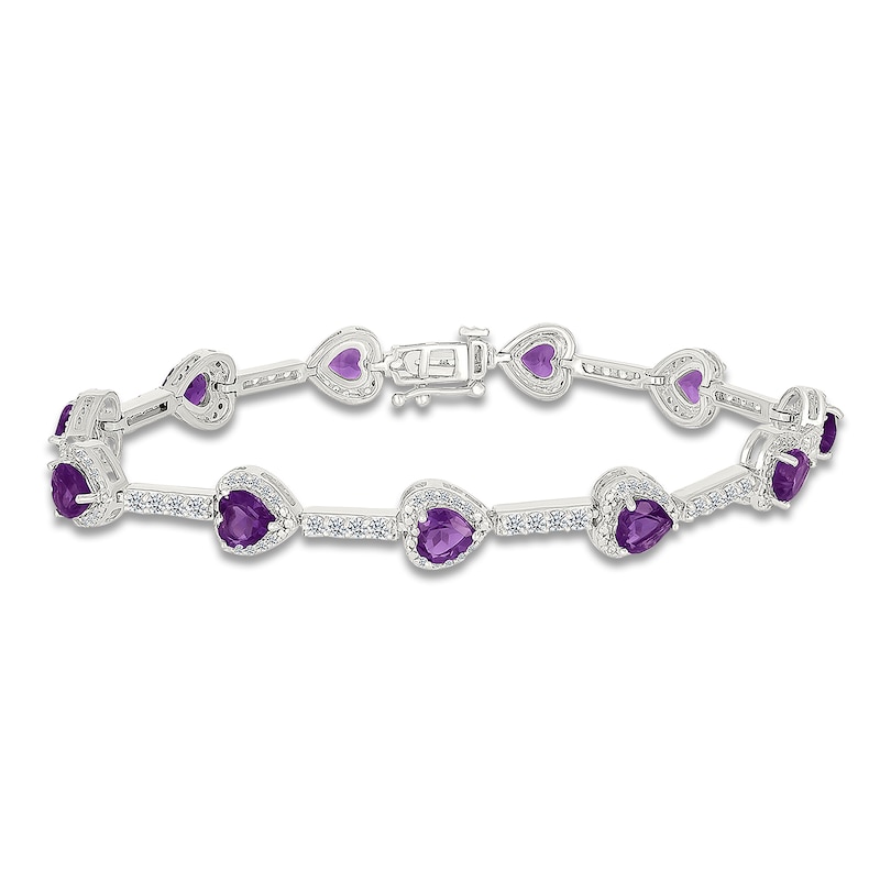 Main Image 1 of Heart-Shaped Natural Amethyst & White Lab-Created Sapphire Station Bracelet Sterling Silver 7.25"
