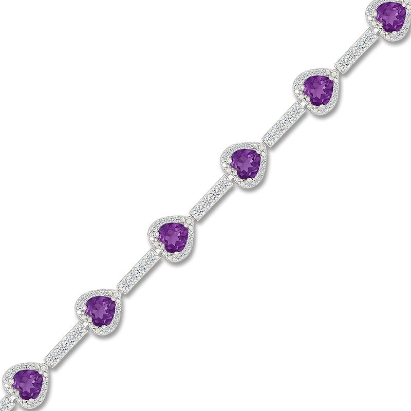 Main Image 2 of Heart-Shaped Natural Amethyst & White Lab-Created Sapphire Station Bracelet Sterling Silver 7.25"