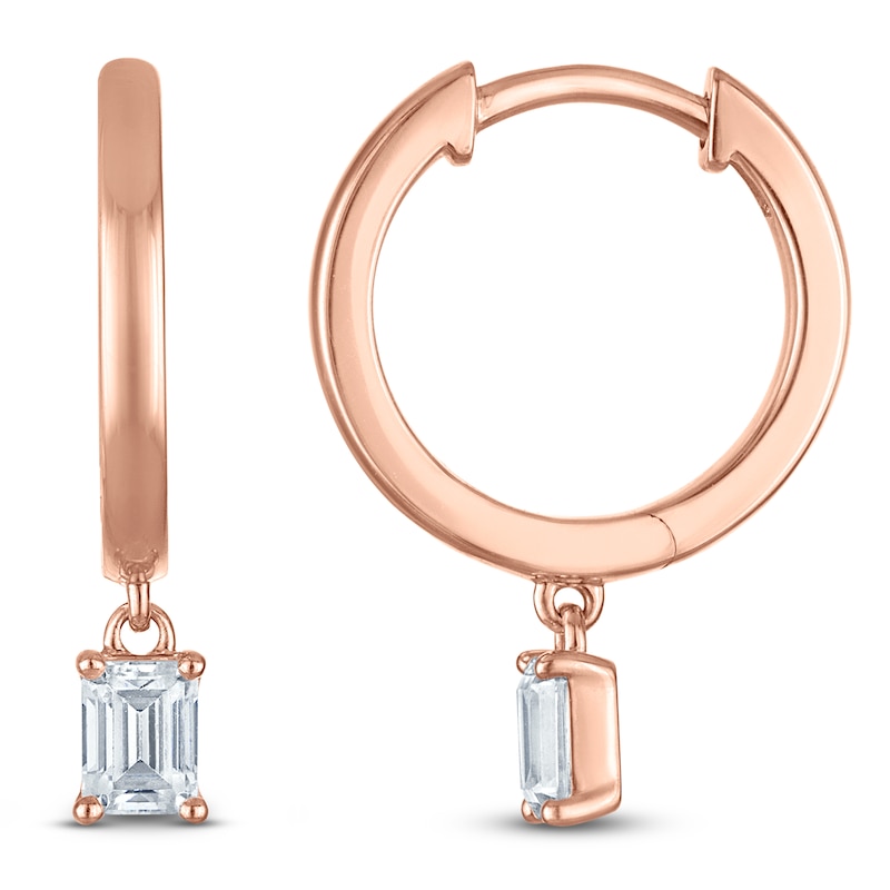 Main Image 1 of Emerald-Cut Lab-Grown Diamond Solitaire Dangle Hoop Earrings 1/2 ct tw 14K Rose Gold (SI2/F)