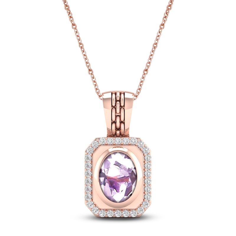 Main Image 1 of Natural Pink Quartz Necklace 1/6 ct tw Diamonds 14K Rose Gold 18"