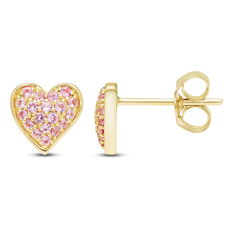 Main Image 1 of Pink Lab-Created Sapphire Pavé Heart Stud Earrings 10K Yellow Gold