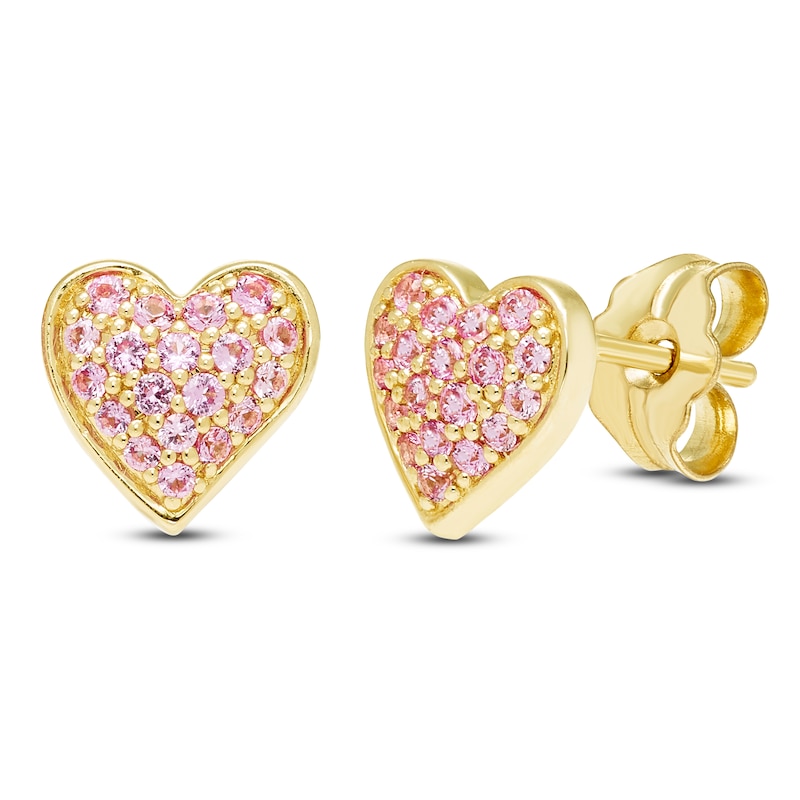 Main Image 2 of Pink Lab-Created Sapphire Pavé Heart Stud Earrings 10K Yellow Gold