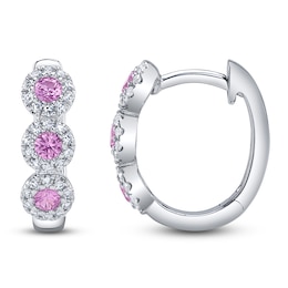 Shy Creation Natural Pink Sapphire & Diamond Halo Hoop Earrings 1/8 ct tw 14K