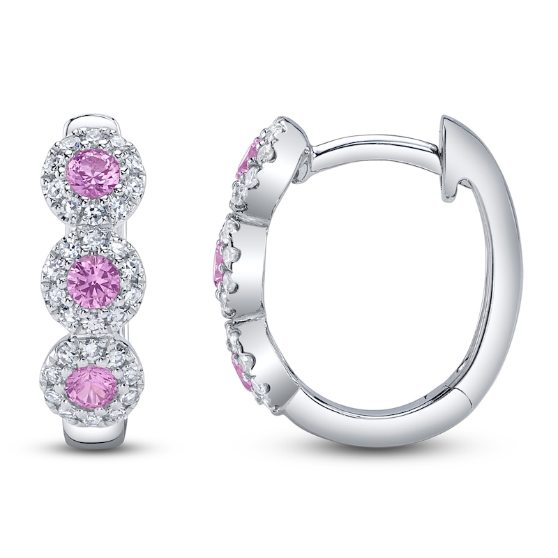 Main Image 1 of Shy Creation Natural Pink Sapphire & Diamond Halo Hoop Earrings 1/8 ct tw 14K
