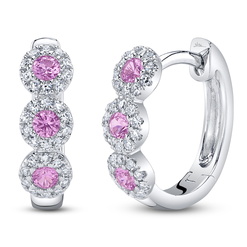 Main Image 2 of Shy Creation Natural Pink Sapphire & Diamond Halo Hoop Earrings 1/8 ct tw 14K