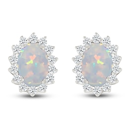 Oval-Cut Lab-Created Opal & White Lab-Created Sapphire Starburst Halo Earrings Sterling Silver