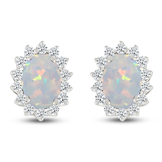 Oval-Cut Lab-Created Opal & White Lab-Created Sapphire Starburst Halo Earrings Sterling Silver