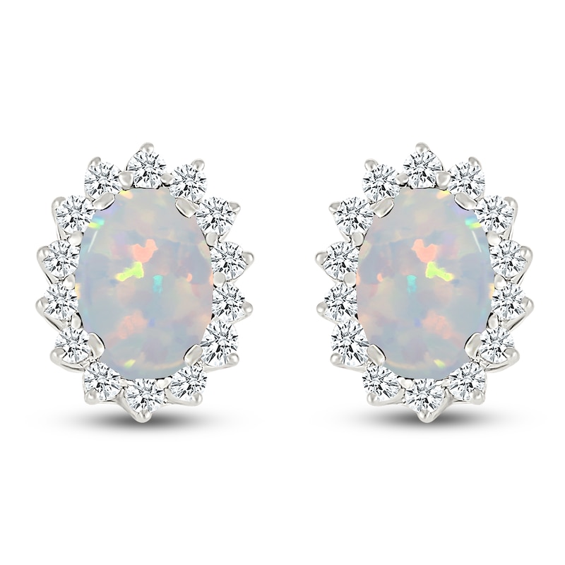Main Image 1 of Oval-Cut Lab-Created Opal & White Lab-Created Sapphire Starburst Halo Earrings Sterling Silver