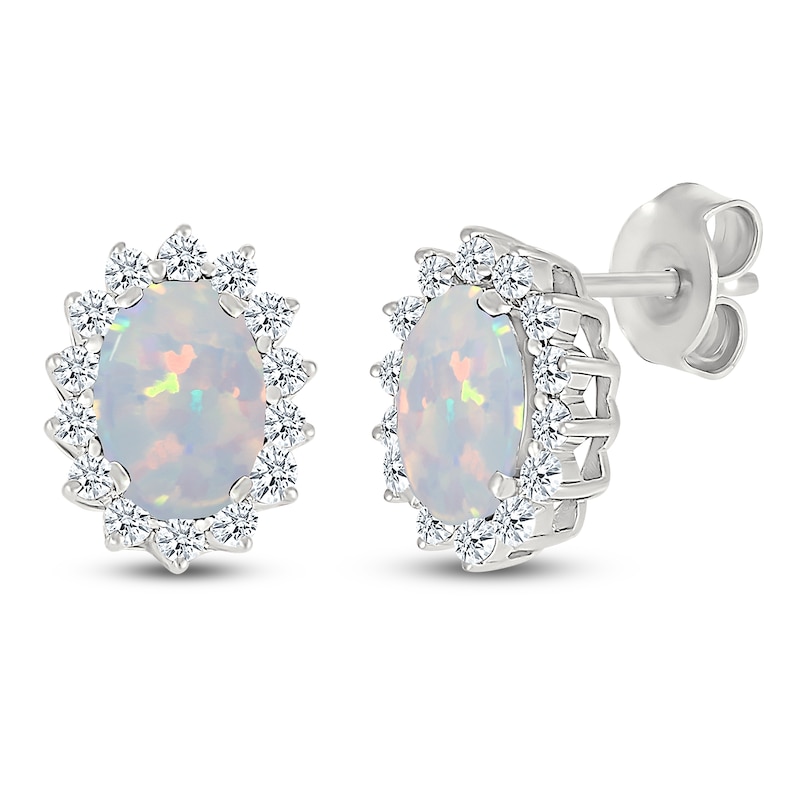 Main Image 2 of Oval-Cut Lab-Created Opal & White Lab-Created Sapphire Starburst Halo Earrings Sterling Silver
