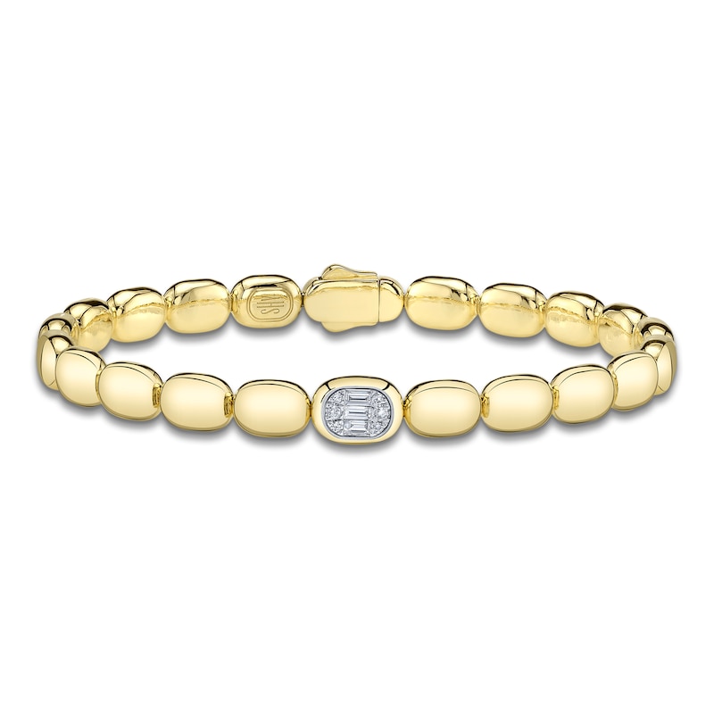 Main Image 1 of Shy ICON Lumeria Baguette & Round-Cut Multi-Diamond Pillow Link Bangle Bracelet 1/10 ct tw 14K Yellow Gold