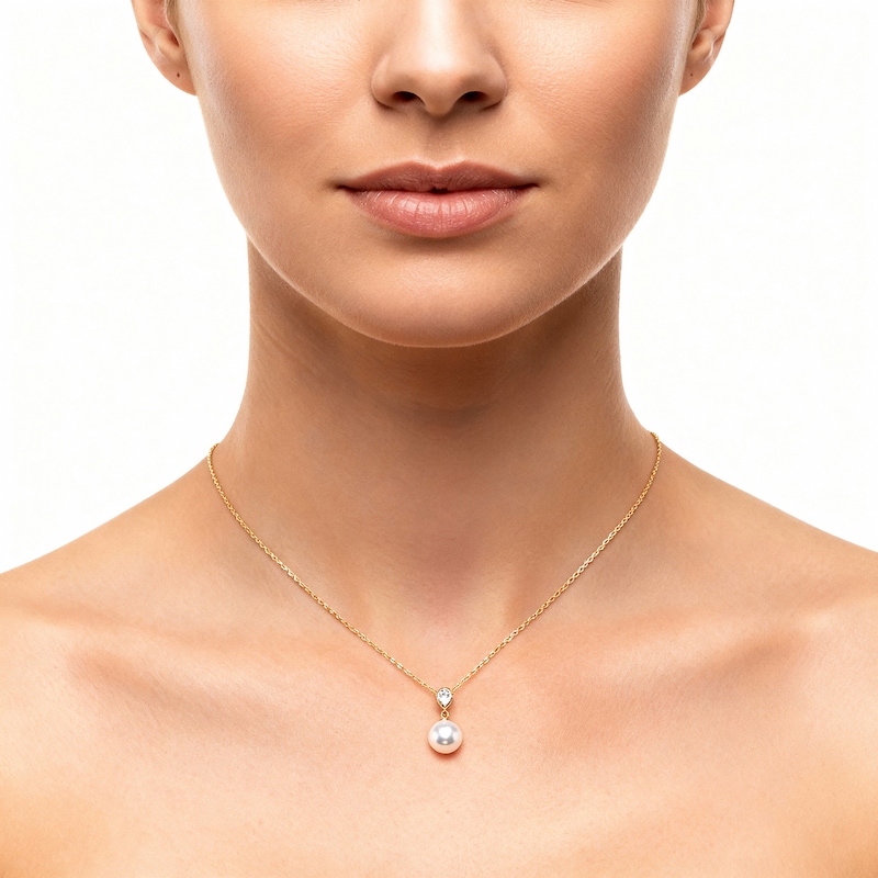Main Image 3 of Cultured Pearl & Pear-Shaped Lab-Grown Diamond Necklace 1/3 ct tw 14K Yellow Gold 18"