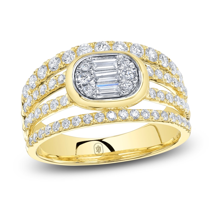 Main Image 1 of Shy ICON Lumeria Baguette & Round-Cut Diamond Pillow Link Ring 1 ct tw 14K Yellow Gold B22001565V3