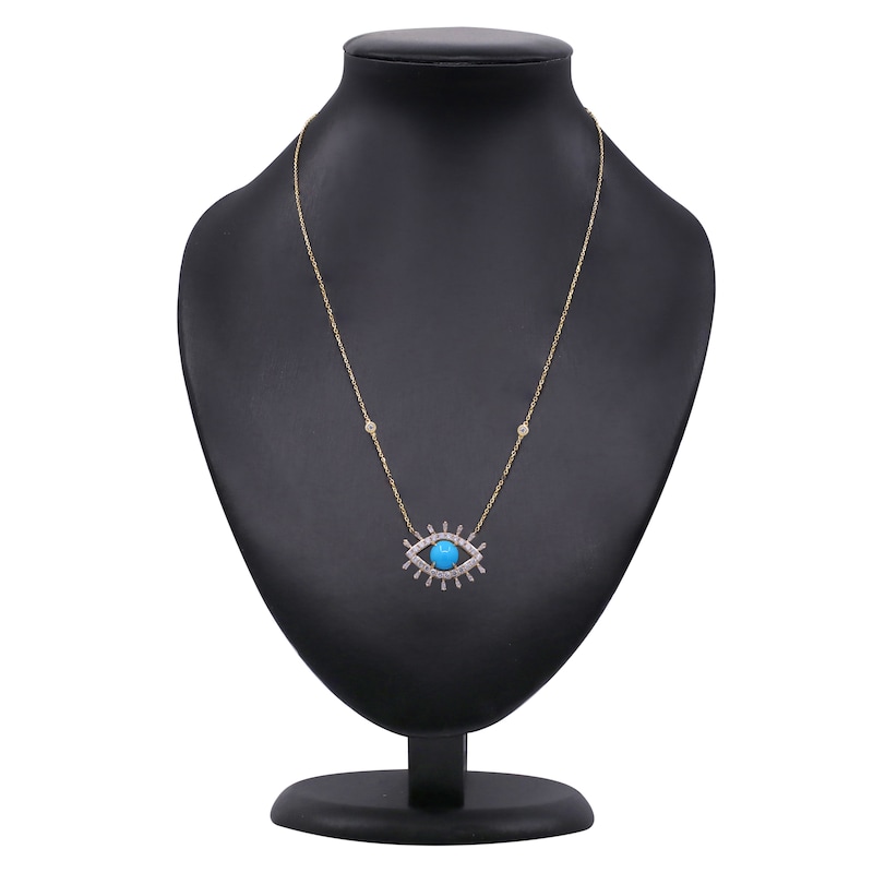 Main Image 4 of Natural Turquoise Necklace 3/4 ct tw Diamonds 14K Yellow Gold