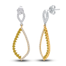 Kallati Natural Yellow Diamond Drop Earrings 1-1/4 ct tw Round 14K Two-Tone Gold