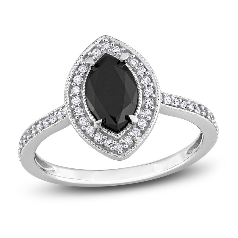 Main Image 1 of Black & White Diamond Halo Engagement Ring 1-1/4 ct tw Round 14K White Gold