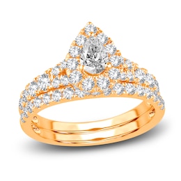Diamond Halo Bridal Set 1-1/2 ct tw Pear/Round 14K Yellow Gold