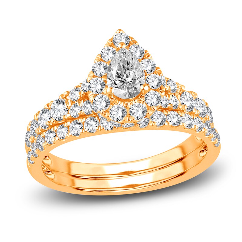 Main Image 1 of Diamond Halo Bridal Set 1-1/2 ct tw Pear/Round 14K Yellow Gold
