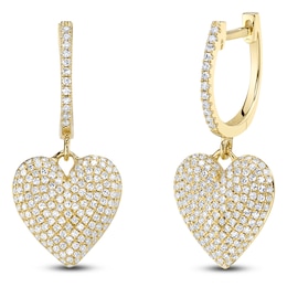 Shy Creation Diamond Heart Dangle Hoop Earrings 5/8 ct tw 14K Yellow Gold SC55027684