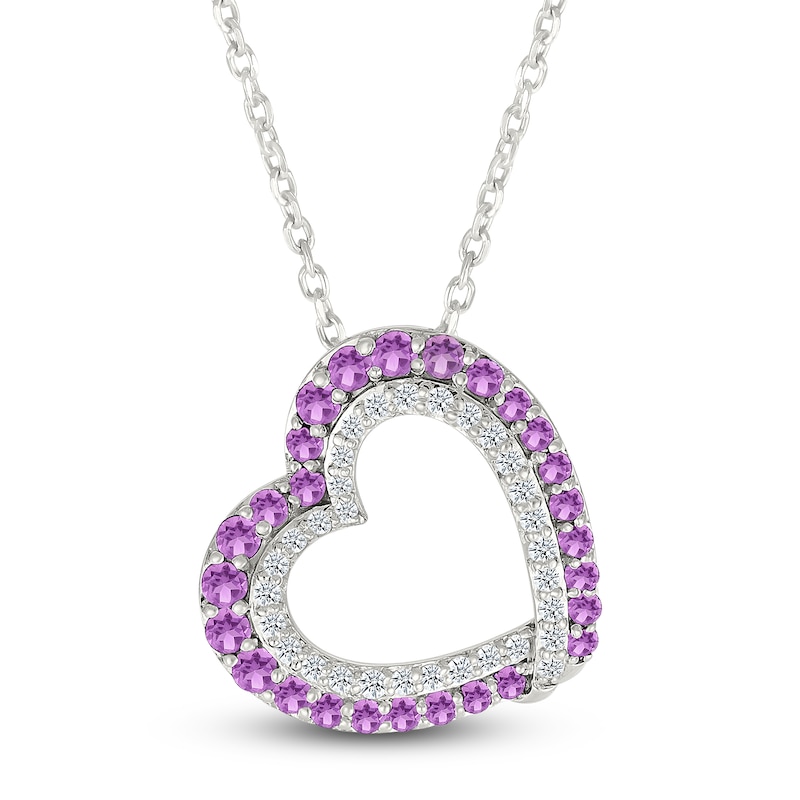 Main Image 1 of Natural Amethyst & White Lab-Created Sapphire Tilted Heart Necklace Sterling Silver 18"