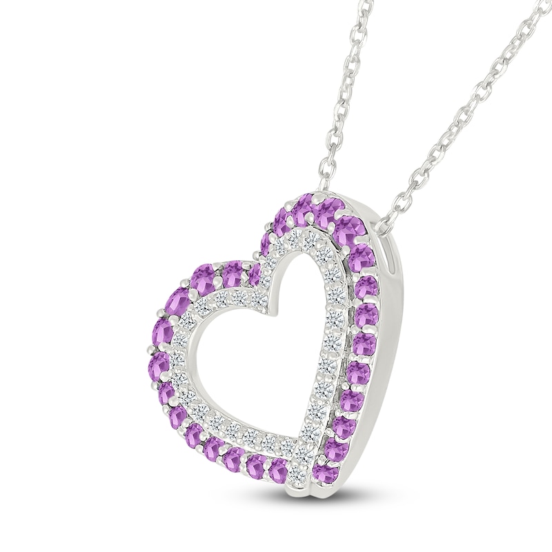 Main Image 2 of Natural Amethyst & White Lab-Created Sapphire Tilted Heart Necklace Sterling Silver 18"