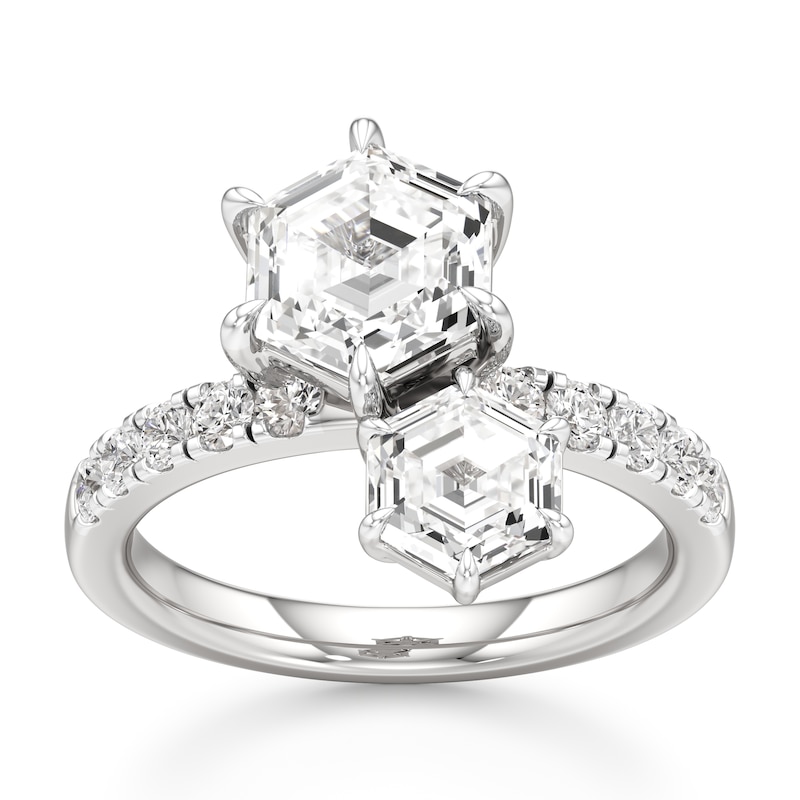 Main Image 1 of J'Lure Hexagon Step-Cut Two-Stone Lab-Grown Diamond Engagement Ring 3-3/8 ct tw 18K White Gold