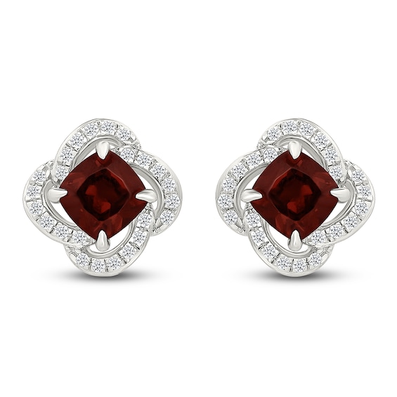 Cushion-Cut Natural Garnet & Diamond Halo Stud Earrings 1/5 ct tw 10K White Gold