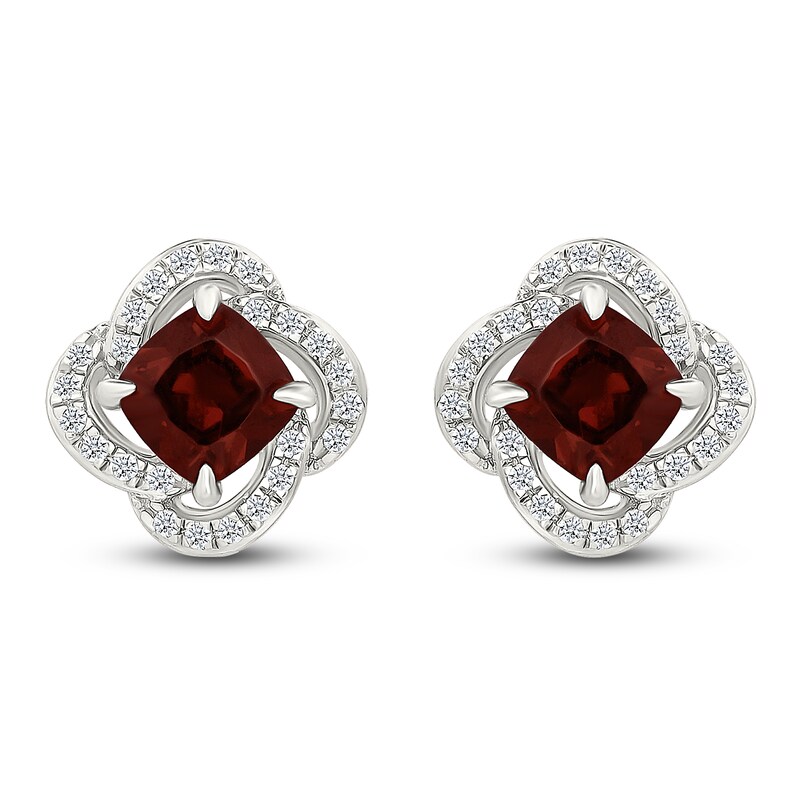 Main Image 1 of Cushion-Cut Natural Garnet & Diamond Halo Stud Earrings 1/5 ct tw 10K White Gold