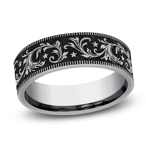 Men's Scrollwork & Stars Comfort-Fit Wedding Band Tungsten Carbide 7mm
