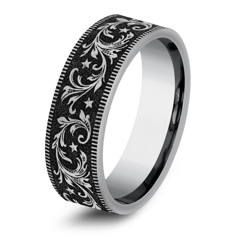 Main Image 2 of Men's Scrollwork & Stars Comfort-Fit Wedding Band Tungsten Carbide 7mm