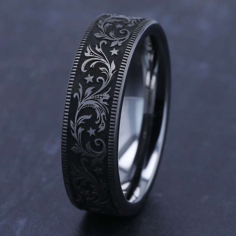 Main Image 4 of Men's Scrollwork & Stars Comfort-Fit Wedding Band Tungsten Carbide 7mm