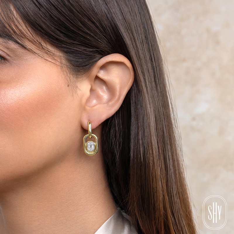 Main Image 3 of Shy Creation Baguette & Round-Cut Multi-Diamond Oval Hoop Drop Earrings 1/3 ct tw 14K Yellow Gold