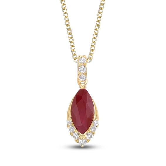 Marquise-Cut Natural Ruby & Diamond Necklace 1/10 ct tw 10K Yellow Gold 18"